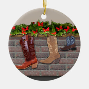 Cowboy Boot Stockings by the Fireplace Ceramic Ornament