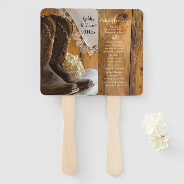 Cowboy Boots and Lace Western Wedding Program Hand Fan (Front and Back)