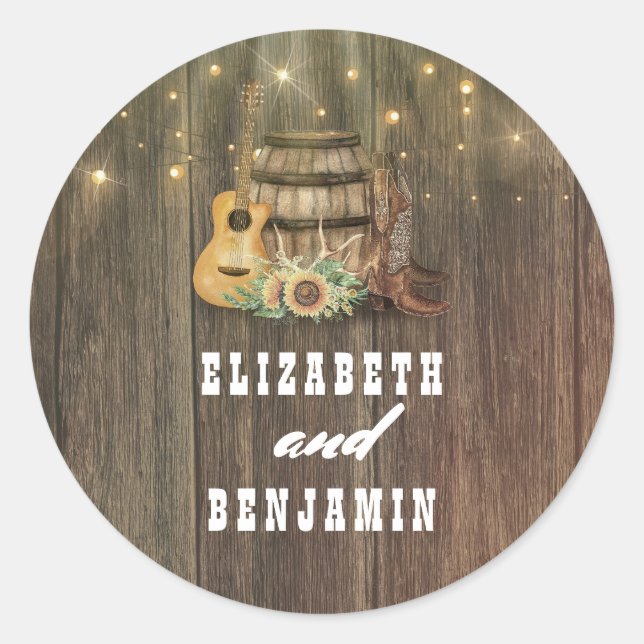 Cowboy Boots and Sunflowers Country Wedding Classic Round Sticker (Front)