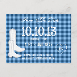 Cowboy Boots Blue Chequered Gingham Save The Date Announcement Postcard