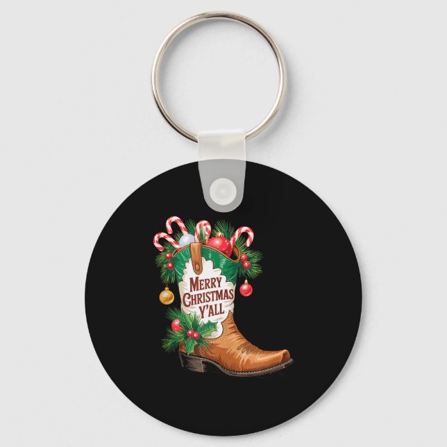 Cowboy Boots Country Western Merry Christmas Y'all Keychain (Front)
