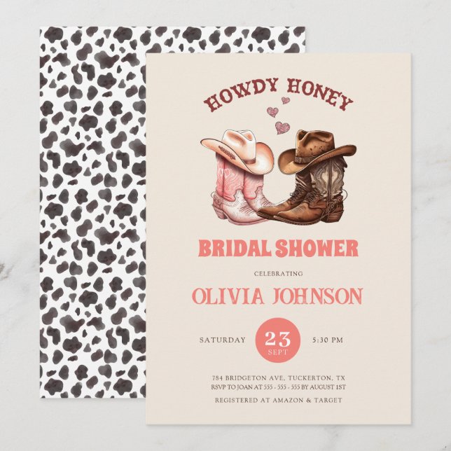 Cowboy Boots & Cow Print Western Bridal Shower Invitation (Front/Back)