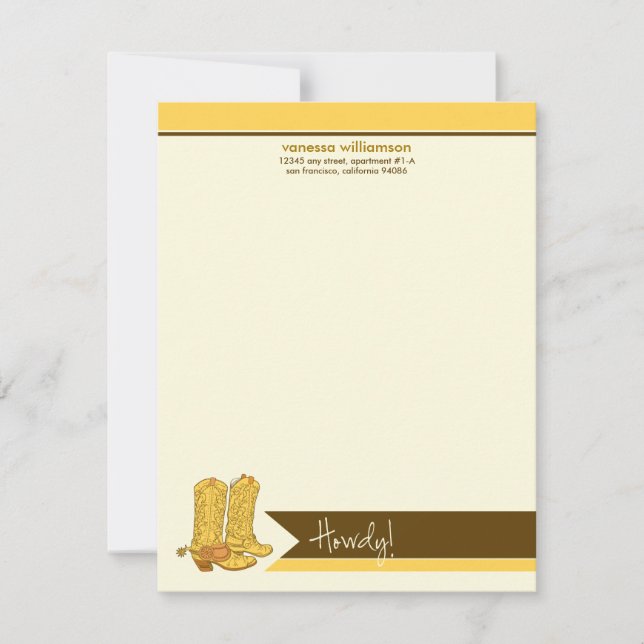 Cowboy Boots Custom Flat Note Cards (yellow) (Front)