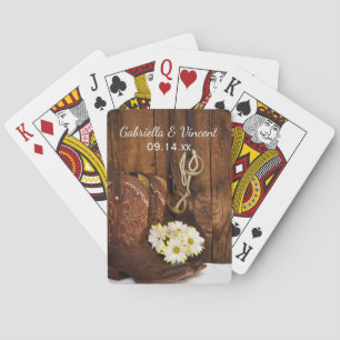 Cowboy Boots, Daisies, Horse Bit Country Wedding Playing Cards