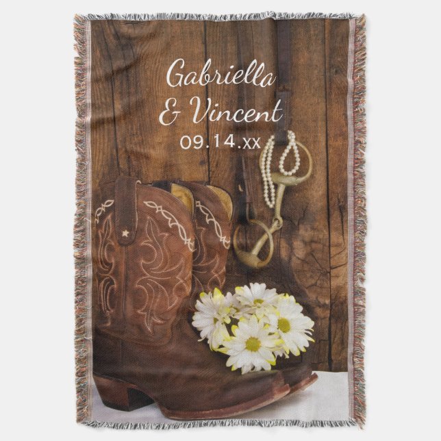 Cowboy Boots, Daisies Horse Bit Country Wedding Throw Blanket (Front Vertical)