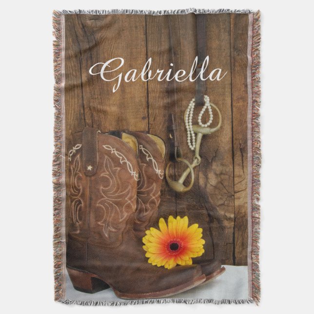 Cowboy Boots, Daisy and Horse Bit Country Western Throw Blanket (Front Vertical)