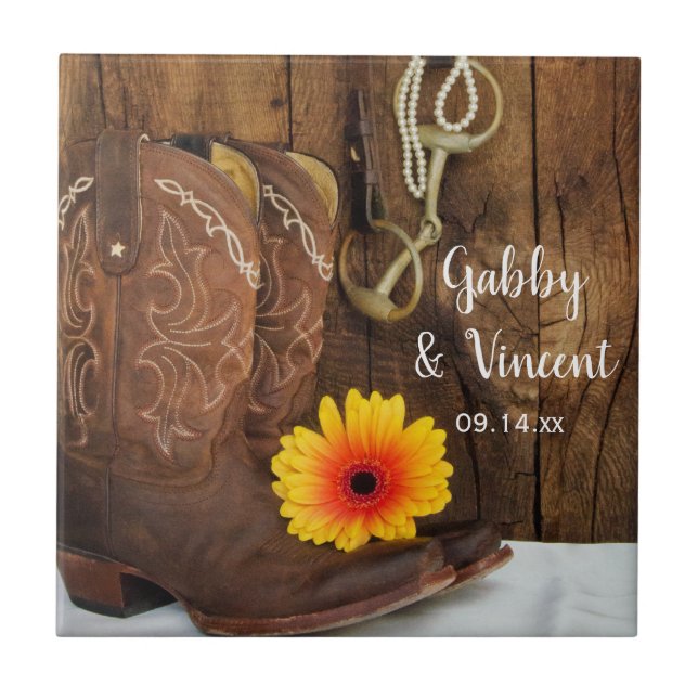 Cowboy Boots, Daisy and Horse Bit Western Wedding Tile (Front)