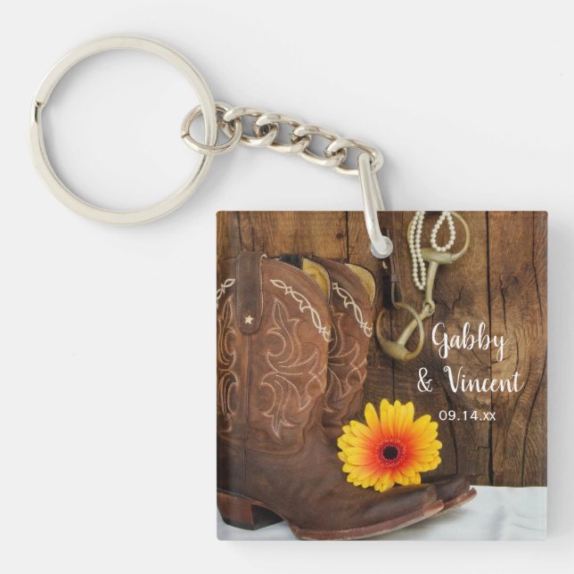 Cowboy Boots, Daisy Horse Bit Country Wedding Keychain (Front)