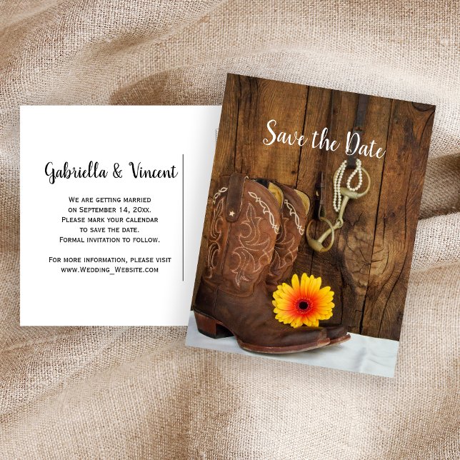 Cowboy Boots Daisy Horse Bit Wedding Save the Date Announcement Postcard (Creator Uploaded)