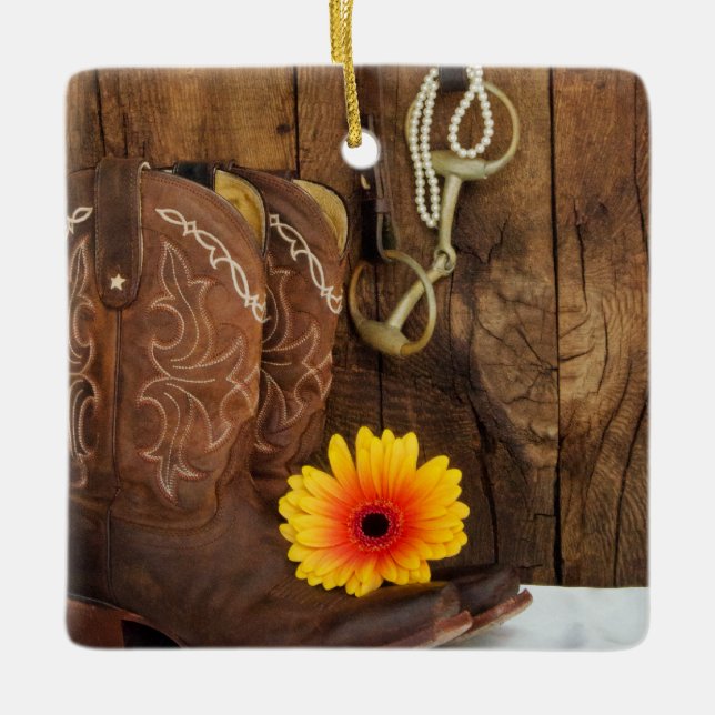Cowboy Boots, Daisy Horse Bit Western Wedding Ceramic Ornament (Front)