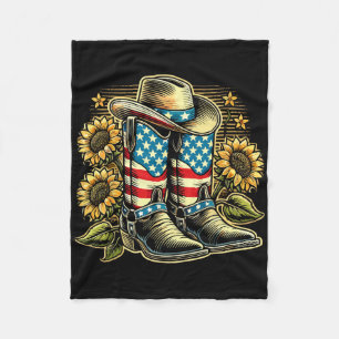 Cowboy Boots Hat American Flag Sunflower Country W Fleece Blanket