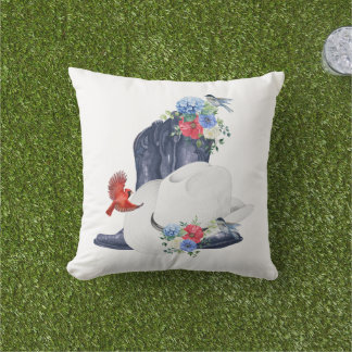 Cowboy Boots/Hat & Flowers/Birds Outdoor Pillow