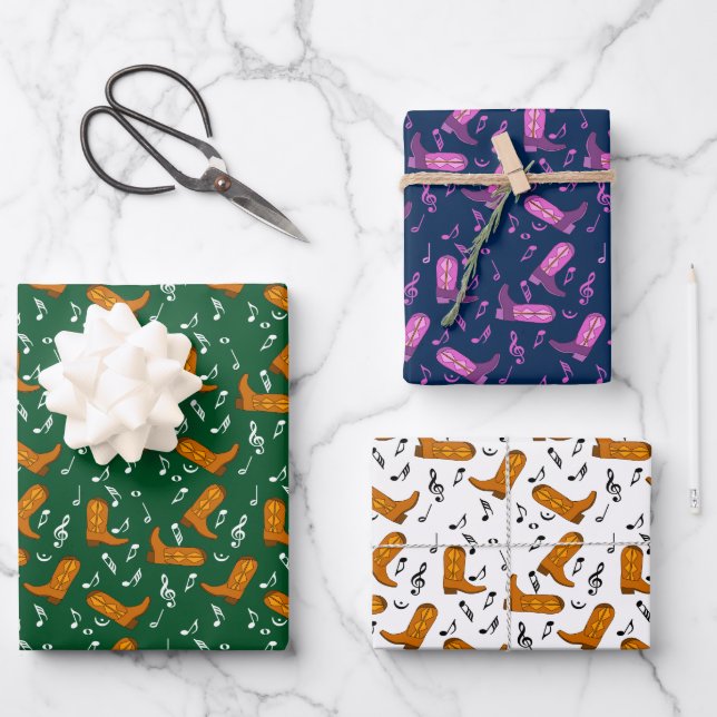 Cowboy Boots Music Notes Wrapping Paper Sheet (Front)
