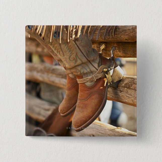 Cowboy boots on fence 2 2 inch square button (Front)