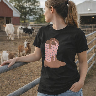 Cowboy Boots Pink with Faux Silver Glitter Stars T-Shirt