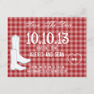 Cowboy Boots Red Chequered Gingham Announcement Postcard
