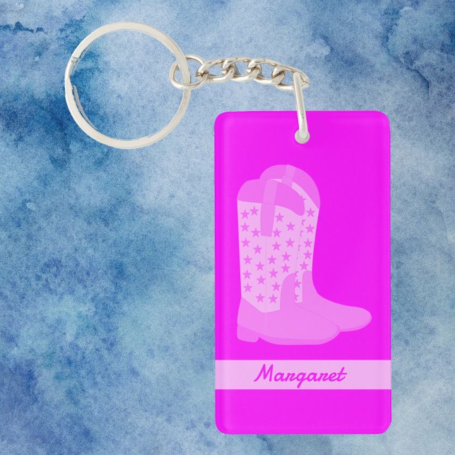 Cowboy Boots Stars Pink Personalize Keychain (A key chain with pink cowboy boots and text you can personalize!)