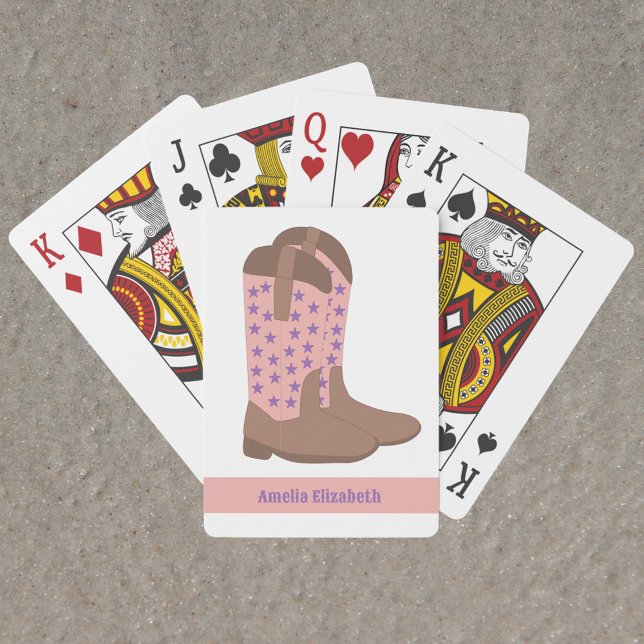 Cowboy Boots Stars Purple Pink Brown Personalize Playing Cards (A deck of playing cards with pink, brown and purple cowboy boots and text you can personalize!)