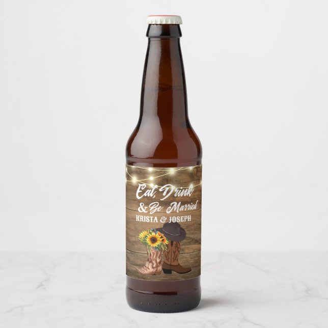 Cowboy Boots Sunflower Western Wedding  Beer Bottle Label (Front)