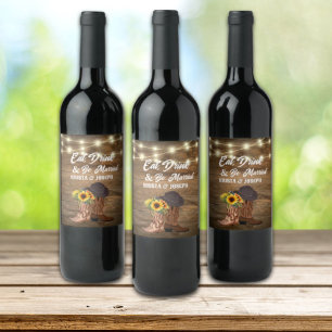 Cowboy Boots Sunflower Western Wedding  Wine Label