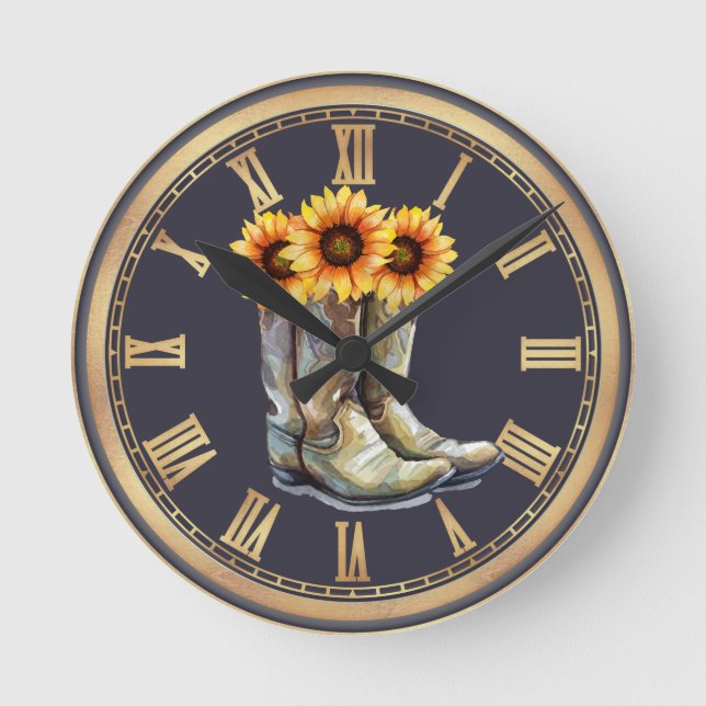 Cowboy Boots & Sunflowers Round Clock (Front)