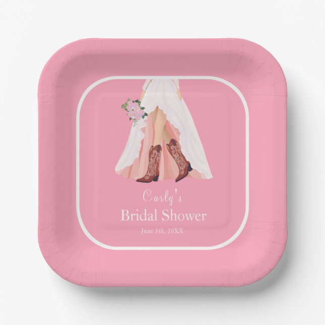 Cowboy Boots & Wedding Dress Bridal Shower Paper Plate (Front)