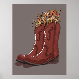 Cowboy Boots With Wildflowers Poster