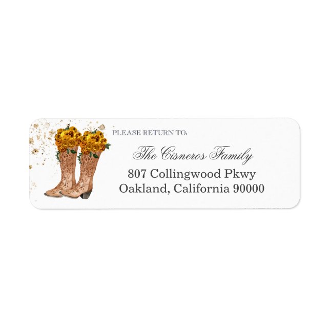 Cowboy Boots Yellow Roses Rustic Return Address (Front)