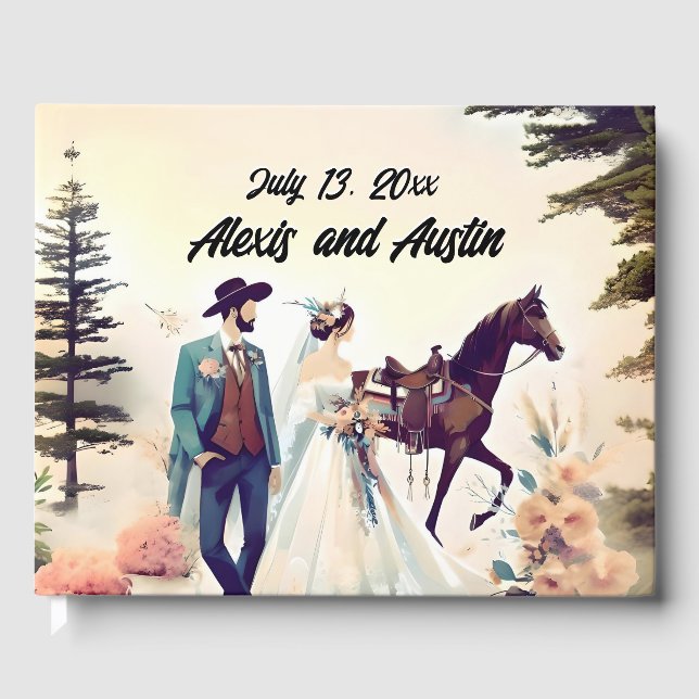 Cowboy, Bride and Horse Western Style Wedding  Guest Book (Front)