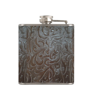 Cowboy brown western country leather pattern hip flask