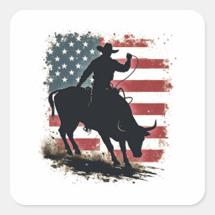 Cowboy Bull Rider Patriotic American Flag Cowboys Square Sticker