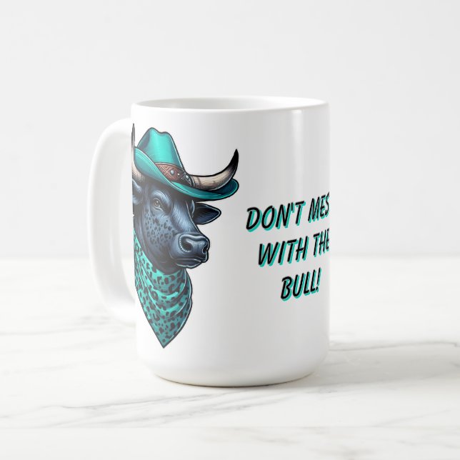 Cowboy Bull With Turquoise Hat and Patterned Scarf Coffee Mug (Front Left)