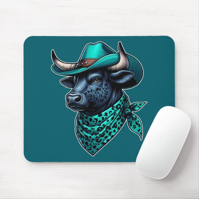 Cowboy Bull With Turquoise Hat and Patterned Scarf Mouse Pad (With Mouse)
