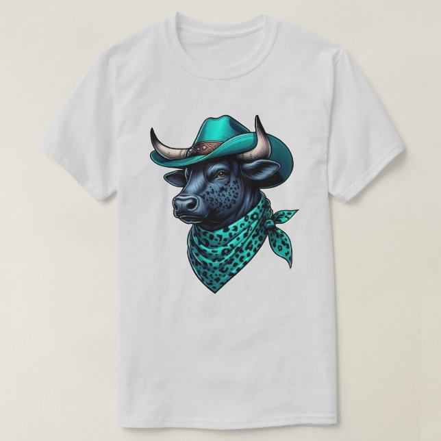 Cowboy Bull With Turquoise Hat and Patterned Scarf T-Shirt (Design Front)
