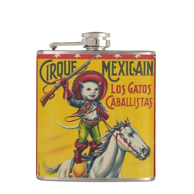 Cowboy Cat on Horse Circus Mexican Poster Art Hip Flask (Front)