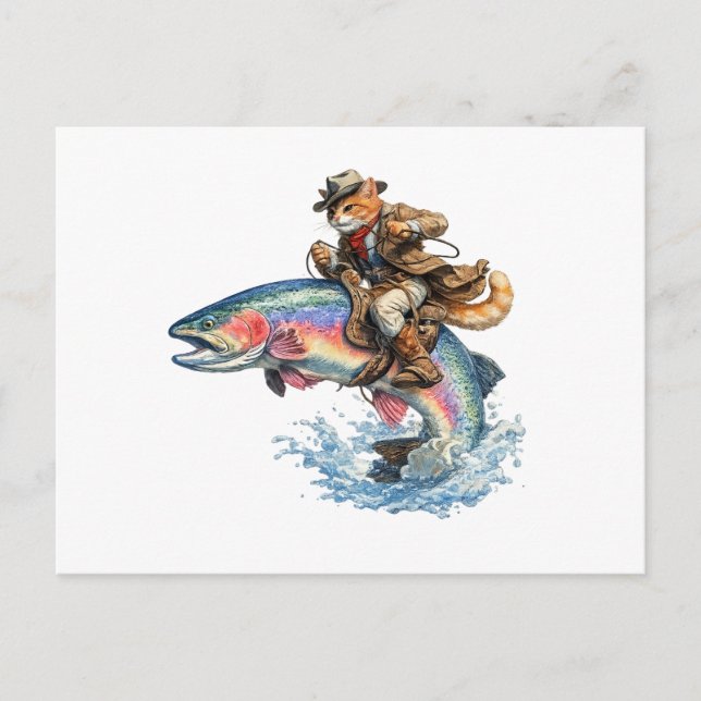 Cowboy Cat Riding Rainbow Trout Rodeo  Postcard (Front)