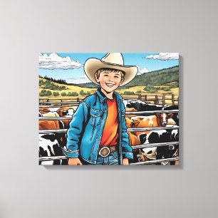 Cowboy Cattle Ranch Young Boy Graphic Art Canvas Print