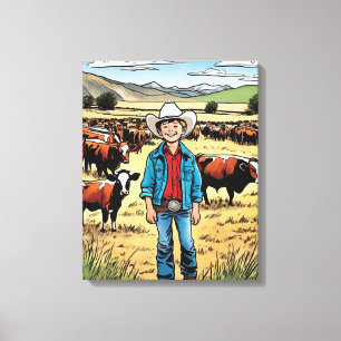 Cowboy Cattle Ranch Young Boy Graphic Art Canvas Print