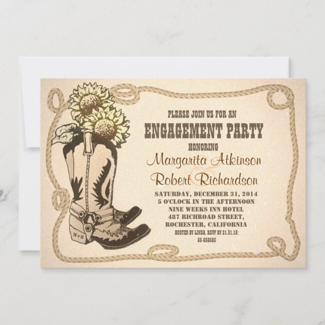 cowboy chaussures engagement rustique invitations (Devant)