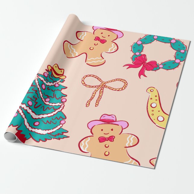 Cowboy Christmas Gingerbread Wrapping Paper (Unrolled)
