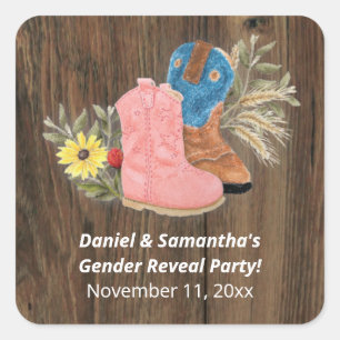 Cowboy/Cowgirl Bootie Dark Wood Gender Reveal Square Sticker