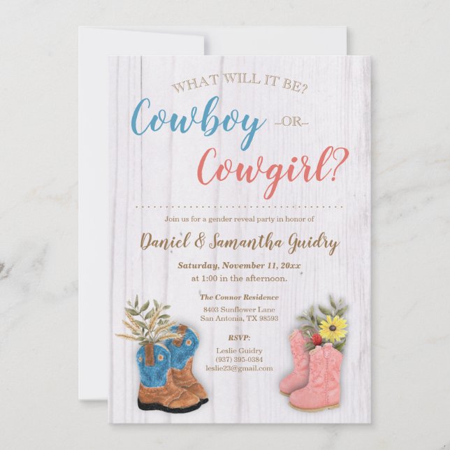 Cowboy/Cowgirl Bootie Gender Reveal Invitation (Front)
