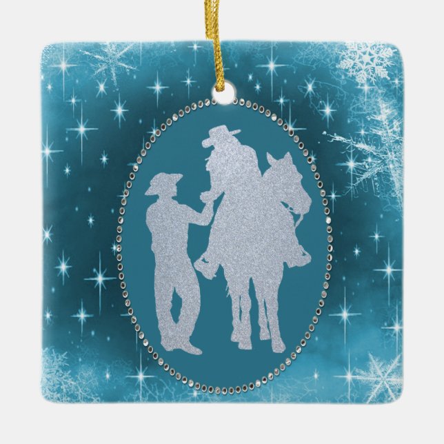 Cowboy Cowgirl Horse Romantic  Christmas Ceramic Ornament (Front)