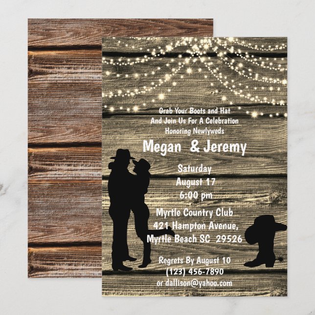   Cowboy Cowgirl Hug Wood String Light Reception   Invitation (Front/Back)