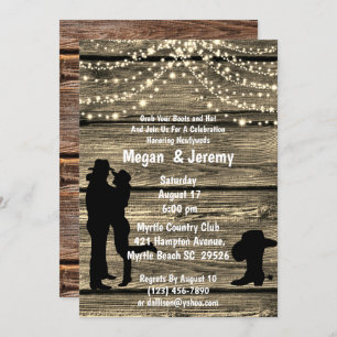   Cowboy Cowgirl Hug Wood String Light Reception   Invitation