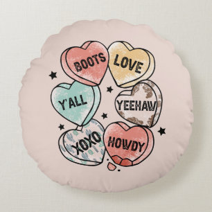 Cowboy Cowgirl Theme Hearts Round Pillow