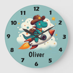 Cowboy Dino Riding a Spaceship Large Clock