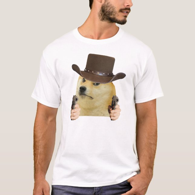 Cowboy Dog Funny Meme Doge Holding Guns Memes T-Shirt (Front)