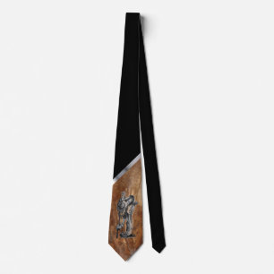 Cowboy drawing on black with brown cow hide tie