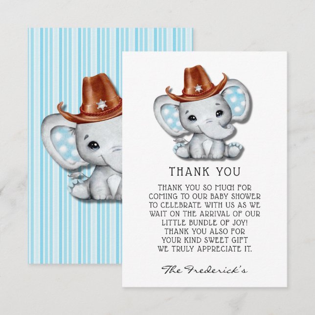 Cowboy Elephant Baby shower Merci Cartes (Devant / Derrière)
